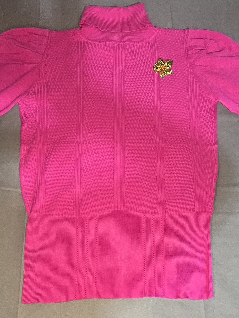 Women Hot Pink Turtleneck Knit Top Blouse With Puff Sleeves In Small